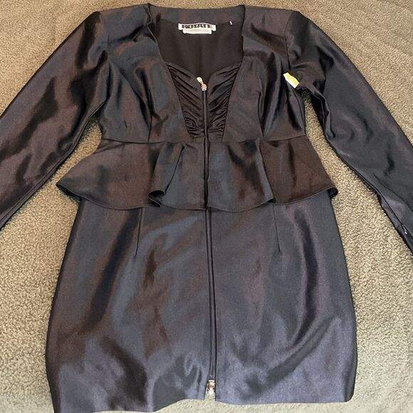 Rotate Birger Christensen Annie Black Satin Long Sleeve Peplum Mini Dress Size 8 - Picture 7 of 10